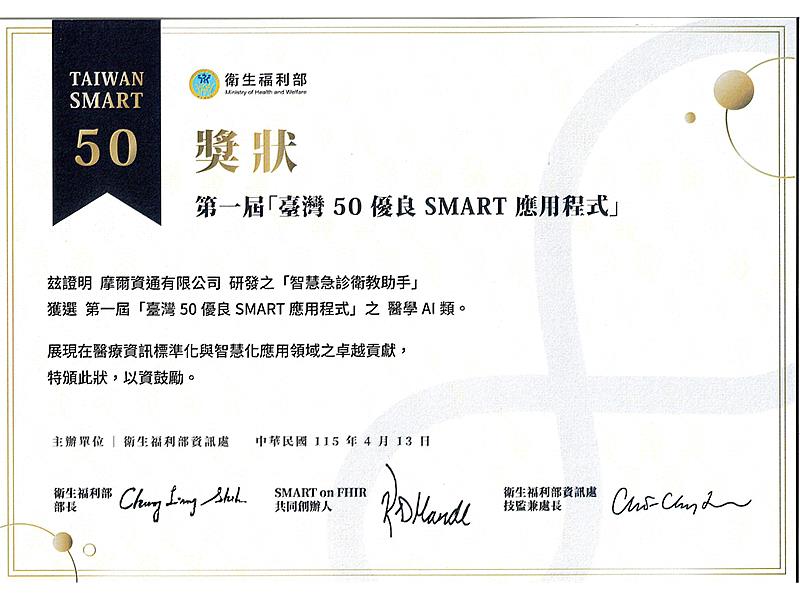 衛生福利部頒發臺灣50優良SMART應用程式獎狀。