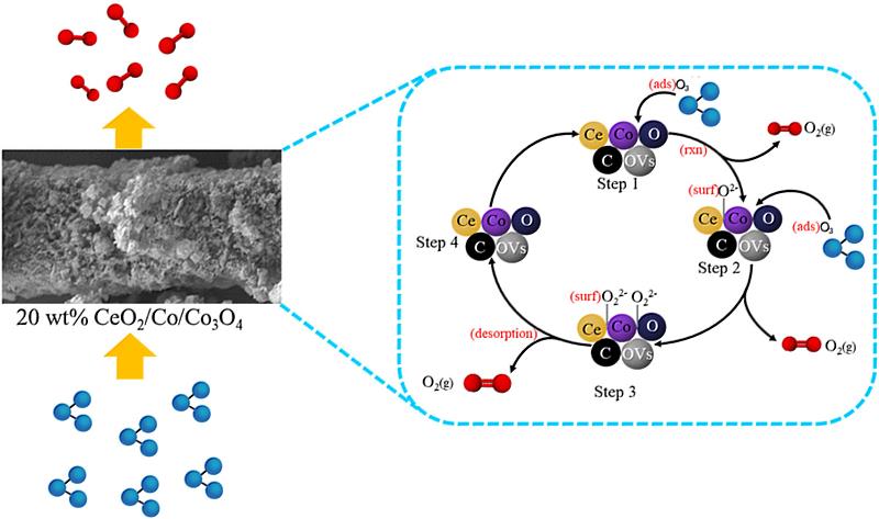 Graphical illustration of a MOF-derived carbon-supported CeO₂/Co/Co₃O₄ heterojunction for humidity-resistant ozone removal. The catalyst maintains ~99% O₃ removal at 50% RH and ~92% efficiency at 75% RH, enabled by carbon protection and defect-rich active sites that promote O₃ adsorption, activation, and decomposition.