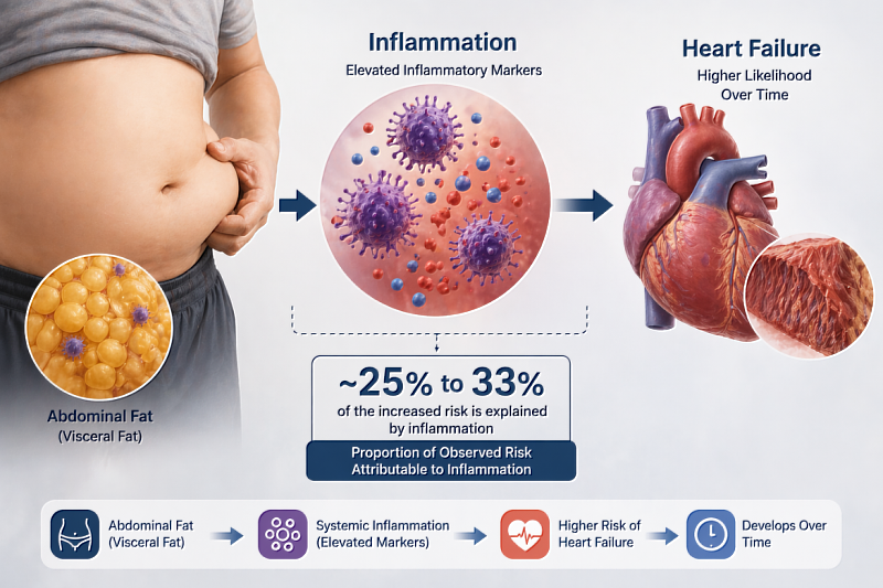 The study finds that visceral fat may drive systemic inflammation, accounting for approximately 25% to 33% of the increased risk of heart failure over time.