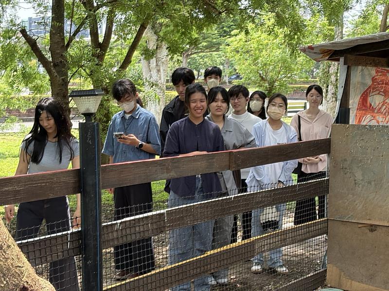 學生看著可愛動物充滿喜悅的表情。左1為輔導員江怡萱。