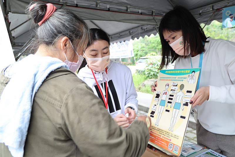 以健康成果及價值導向取代醫療服務衝量是全球醫療的趨勢，東區健保轉型並以慢病整合、特殊族群支持以及健康促進來提升國民健康，圖為花蓮慈院至秀林鄉第2期全人計畫為民眾做衛教和宣導。