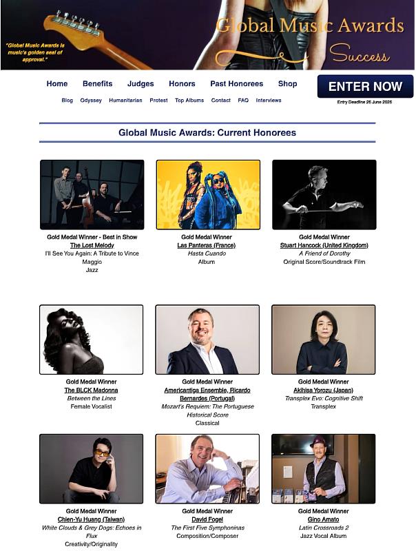 南大音樂系黃乾育老師專輯榮獲全球音樂獎金獎（左下），獲獎名單於官方網站公布，展現南大音樂創作的國際肯定。