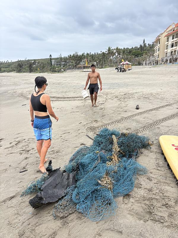 杉原灣海龜遭漁網纏困 海岸巡邏員即刻救援
