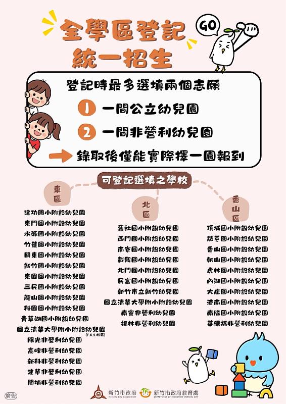 竹市推動公立暨非營利幼兒園招生新制 全學區登記