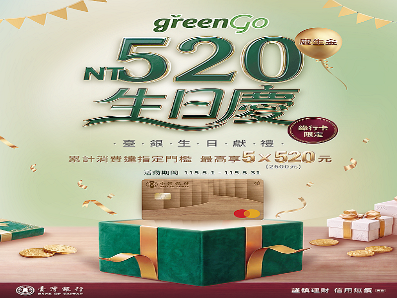 臺銀「Green Go 520生日慶」開跑 綠行卡最高享5份520元慶生金