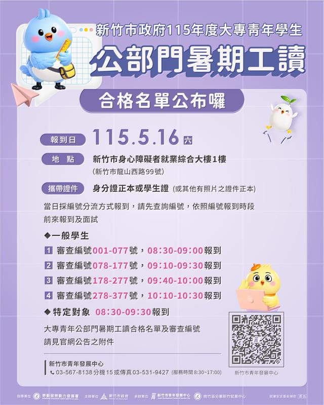 115年暑期工讀學生－面試審查編號及報到時間