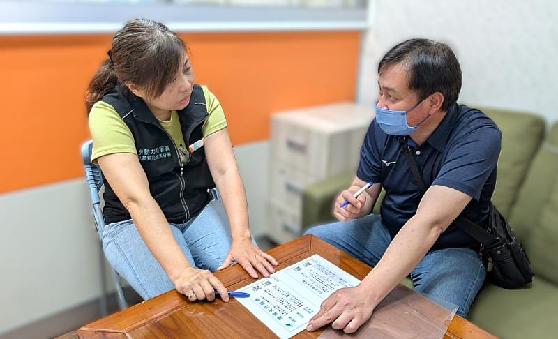 北分署就服員（左）與雇主（右）交流求才需求，說明五五就業促進獎勵、職場支持輔導等措施，協助建立勞資雙贏的良性循環。