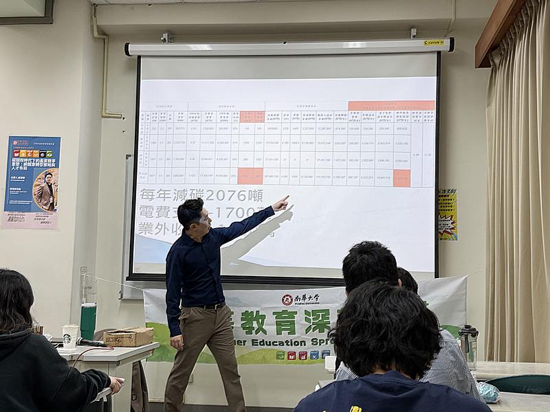 南華大學國際系邀請系友陸俊融現任高雄朝友工業股份有限公司總經理辦公室副理陸俊融蒞校演講，從數據報表解析減碳效益，講解如何建立完善碳管理機制。