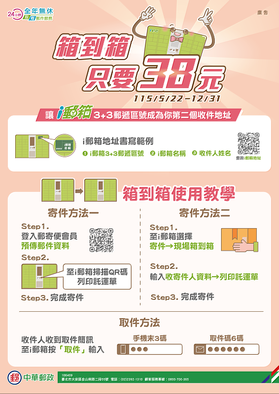 中華郵政EZPost會員寄件服務再升級 推出i郵箱「箱到箱」38元優惠