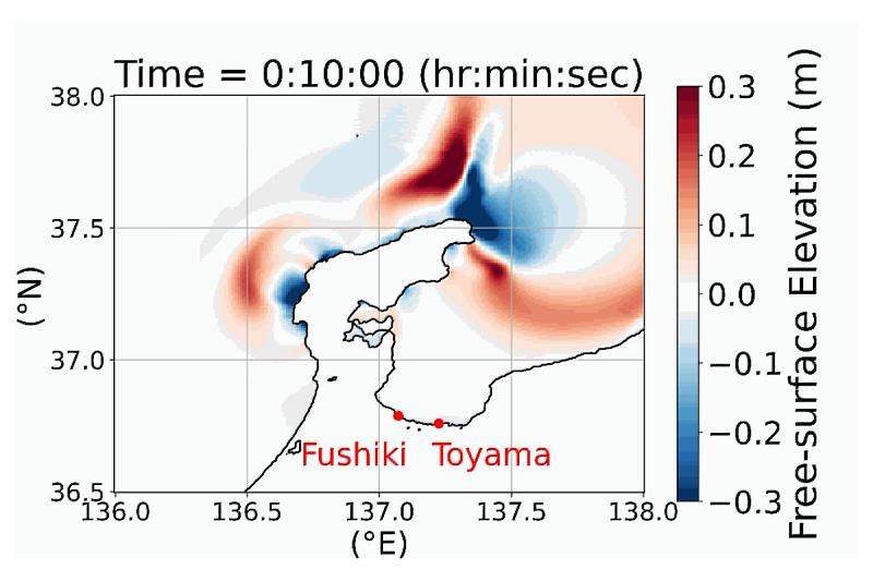 2024年能登地震引發之海嘯，圖中色階表示海嘯波高變化，單位為公尺，可呈現海嘯波於海域中的傳播與演變過程。