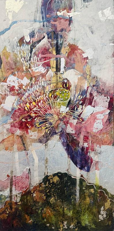 GALLERY SIACCA 妮爾米妮 班達拉 Blessings Flower 雲肌麻紙、膠、岩絵具、銀箔、金箔 180x90公分 2025