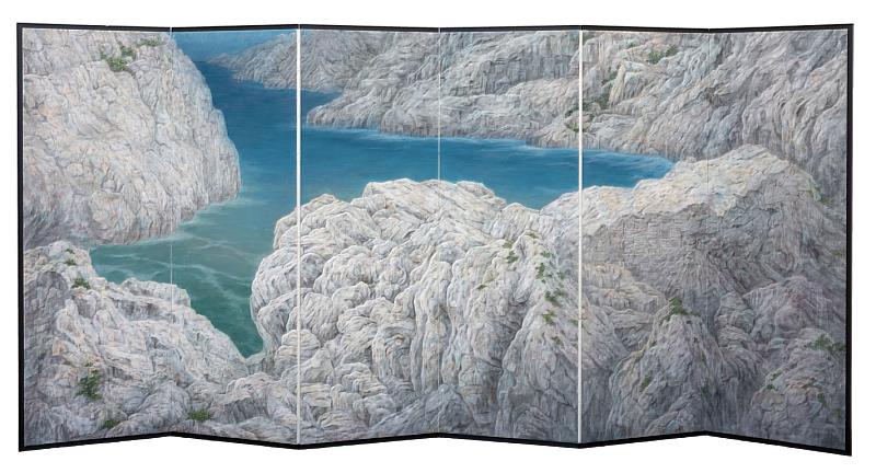 松風閣畫廊 王冠賢 白石圖 麻紙、礦物顏料、水干顏料、墨、金屬箔 174x372公分 2022