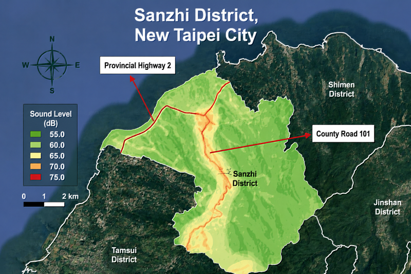 Noise map of Sanzhi District, New Taipei City.