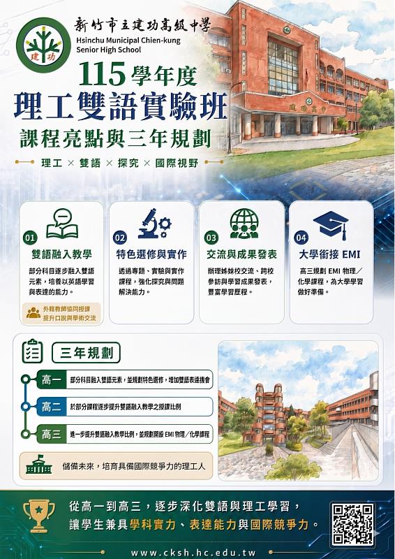 竹市建功高中115學年度成立理工雙語實驗班