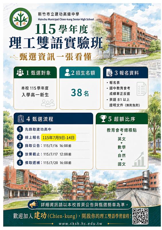 竹市建功高中115學年度成立理工雙語實驗班