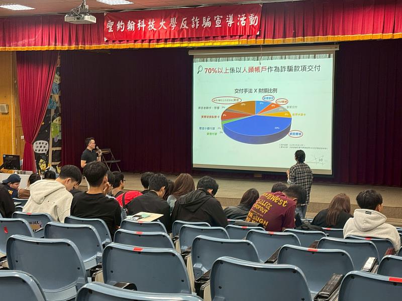 聖約翰科技大學辦理詐騙防制講座，馬講師透過實際數據分析人頭帳戶詐騙案例，強調洗錢防制的重要性。