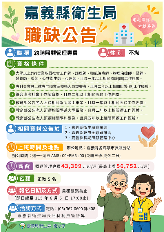 嘉義縣長照中心招募照管專員 起薪4.3萬受理至6月5日