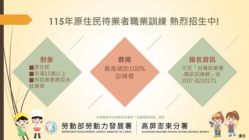 勞動部高分署115年原住民待業者職業訓練課程招生中