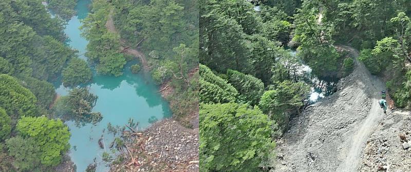堰塞湖處置前後比對。（湖區蓄水面積大幅縮減）