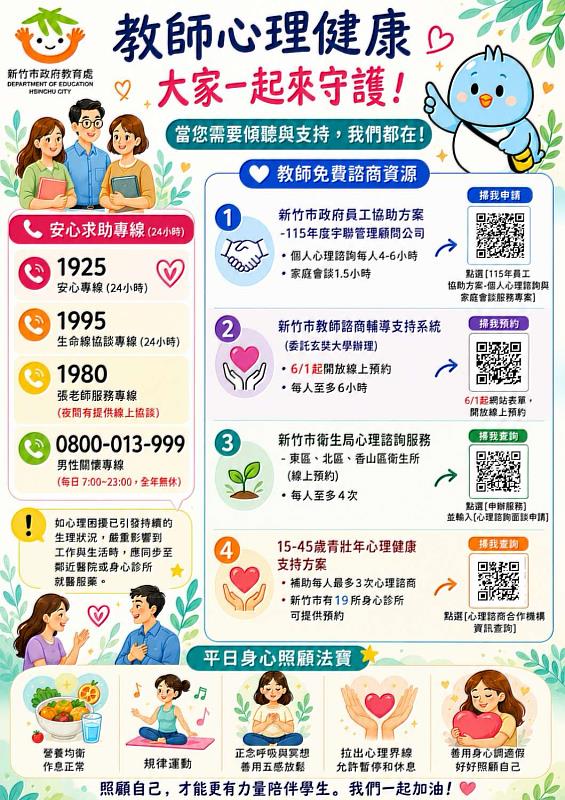 新竹市教師身心資源宣導小卡。
