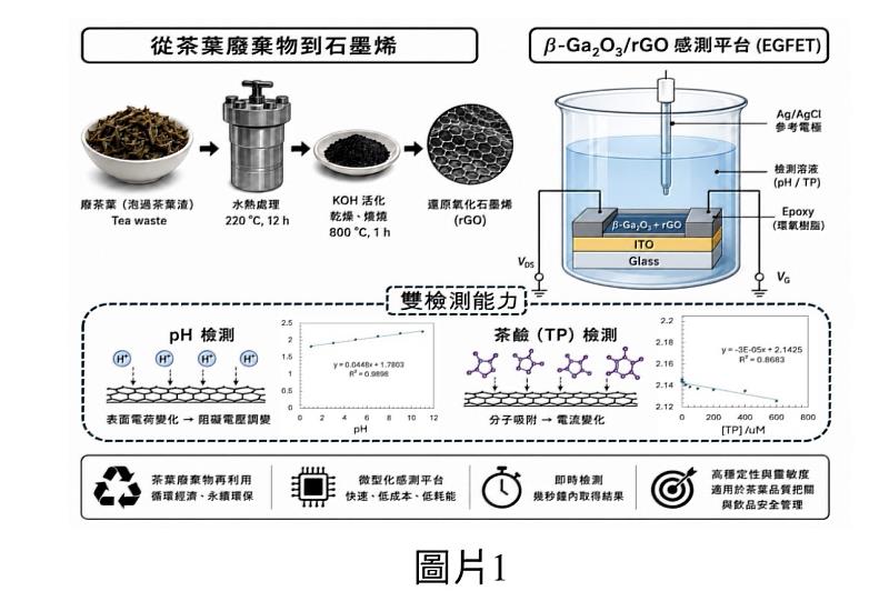 暨大校長武東星和中興大學博後江維翔,將茶葉渣轉化為高價值的石墨烯材料。(圖由武東星提供)