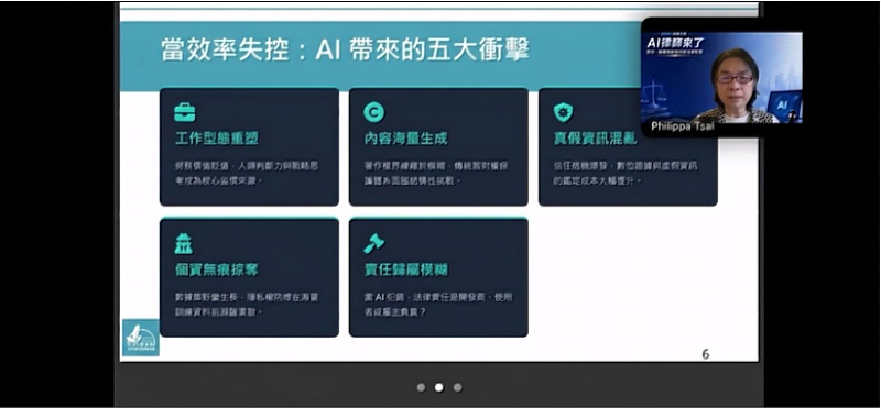 蔡慧玲董事長分享AI時代法律風險，協助學員掌握創業關鍵知識。