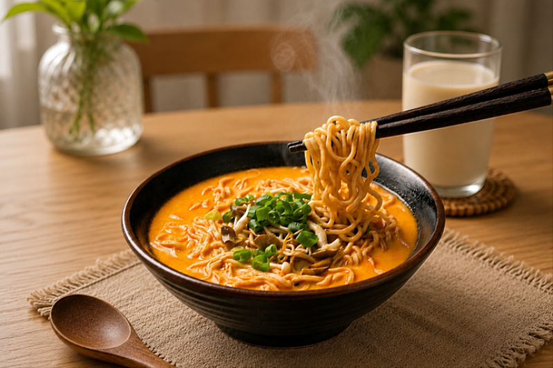 融入辣油的金黃色豆漿湯底蘊涵「麻、辣、香」多層次風味，打造視覺味覺兼具的「金漿厚辣」湯麵料理。（資料來源：日日好食／AI輔助創作視覺）