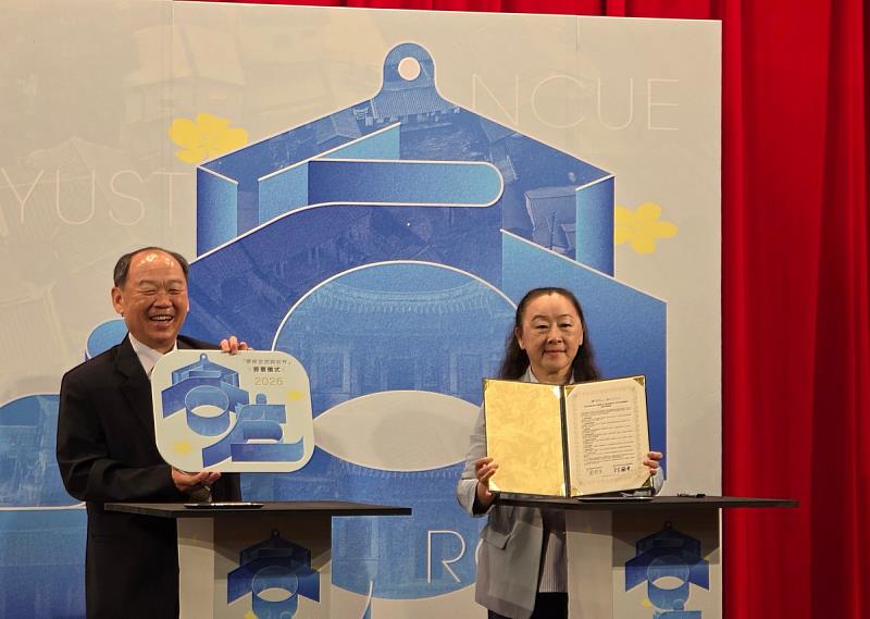客發中心謝勝信主任（左）與國立雲林科技大學文化資產維護系林蘭東主任（右）簽署合作備忘錄（MOU）。