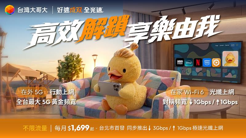 台灣大結合台灣大寬頻導入全新「好速成双 全光速」1Gbps對稱頻寬,讓上傳與下載站上同一個速度基礎,每日57元起,回應家庭上網從單向接收走向雙向傳輸的需求轉變。