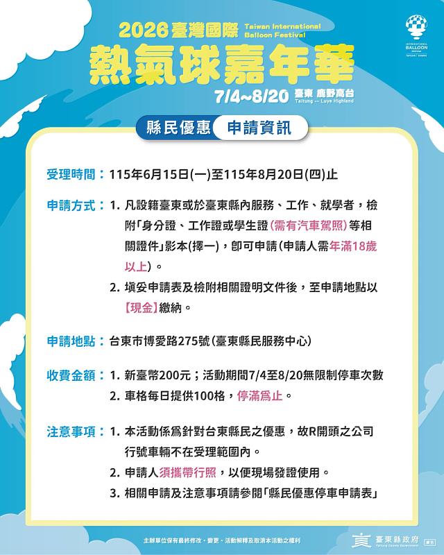 熱氣球嘉年華縣民優惠停車15日起開放預先申辦