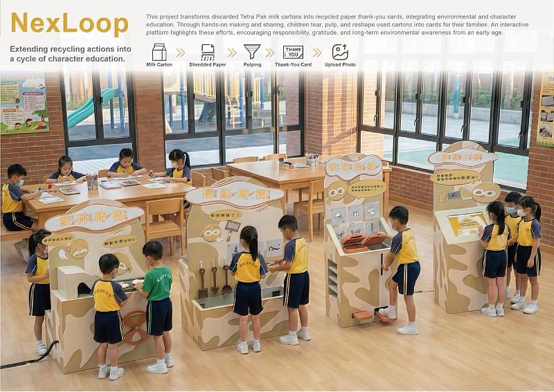 南臺科大紅點設計獎作品「Nexloop」,將利樂包回收再製成感恩卡,透過手作體驗把環保行動轉化為兒童品格教育。