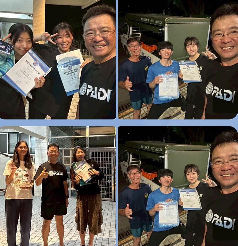 同學取得PADI牆上證書，與朱總教練合影。