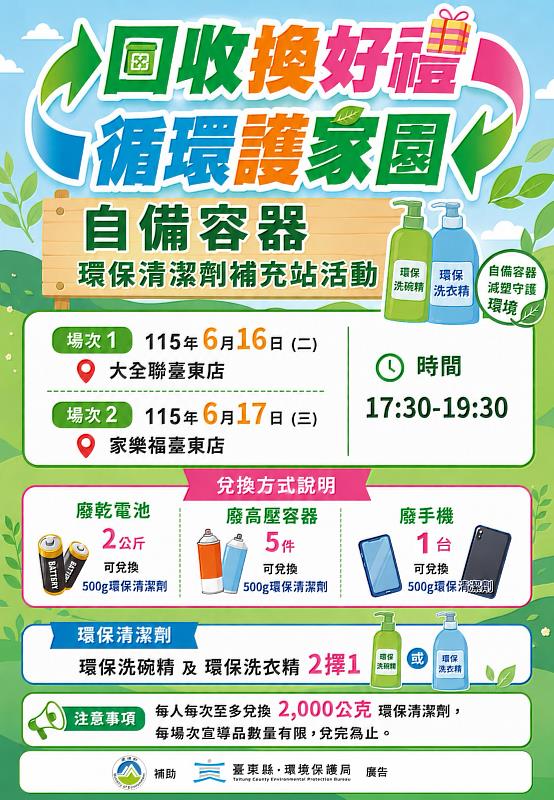 自備容器更環保!臺東兩大賣場6月16日、17日邀你一起做回收換好康