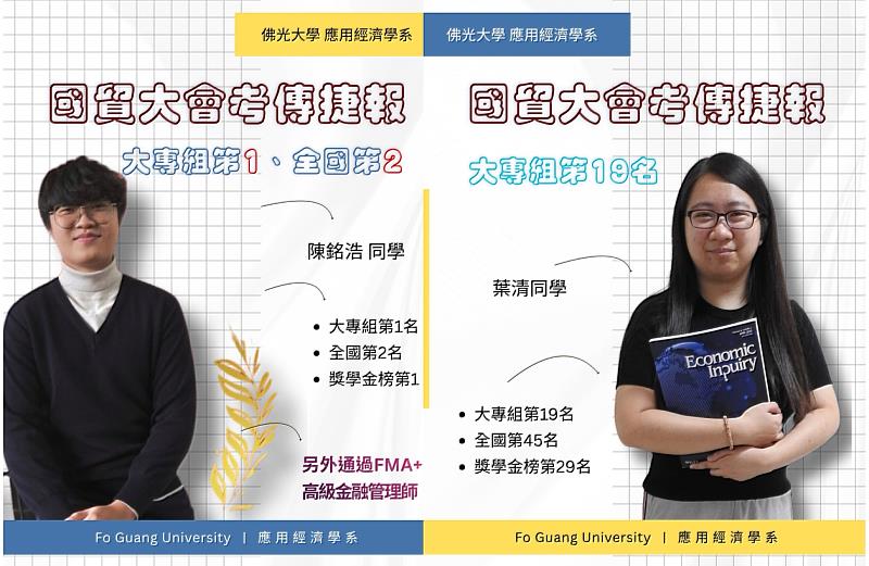 佛大應用經濟學系國貿大會考 學生奪大專組榜首、全國第2！