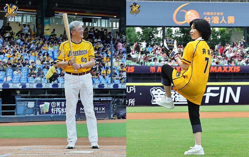 台灣人壽冠名中信兄弟與日本讀賣巨人聯名主題日，台灣人壽子公司中國信託產險王志誠董事長（左）、遠傳電信井琪總經理（右）聯袂開球。／中信兄弟提供