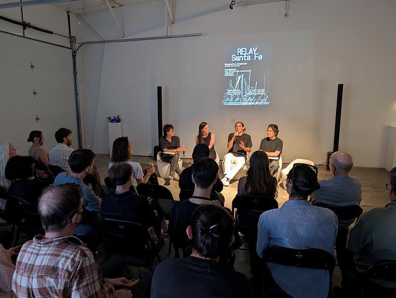 RELAY Gallery開幕藝術家座談現場,左起是RELAY Gallery總監Aaron Geiser、藝術家Andrée-Anne Roussel、李宸安、周柏慶。圖/C-LAB提供