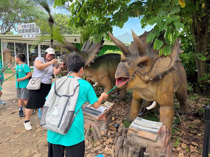大鵬國小學童體驗三角龍餵食活動。