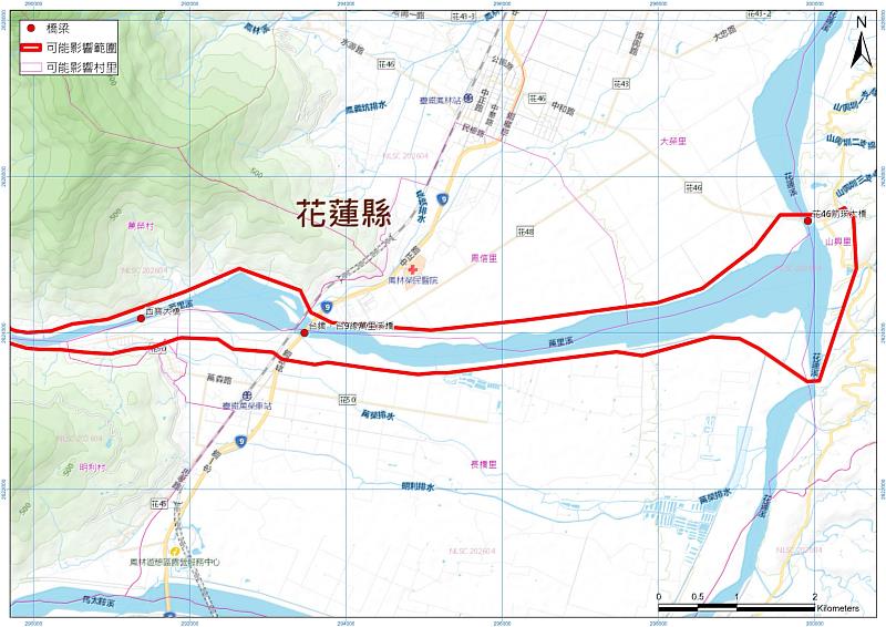 萬里溪堰塞湖可能影響範圍圖。