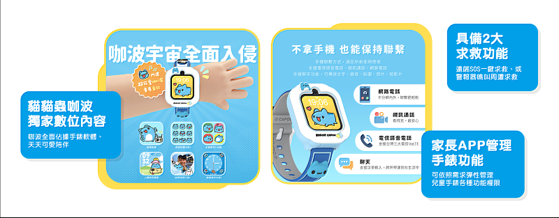 台灣大攜手原創IP「貓貓蟲咖波」打造獨家「貓貓蟲咖波 4G智慧兒童手錶」，從外觀到操作介面的專屬聯名體驗。手錶搭載兩大求救功能，且支援視訊與語音通話，並內建適合台灣學童的注音輸入；還有生活陪伴功能協助孩子養成生活自主能力，家長亦可透過手機APP依需求彈性調整功能權限。