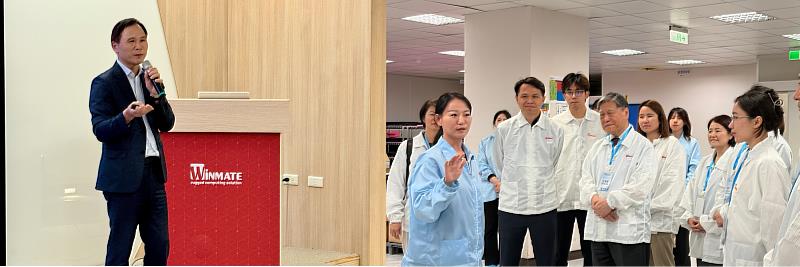 融程電訊呂谷清董事長熱情接待(左);除專題演講,更特別安排智慧工廠導覽,一探自動化電子製造系統、檢驗實驗室等(右)。
