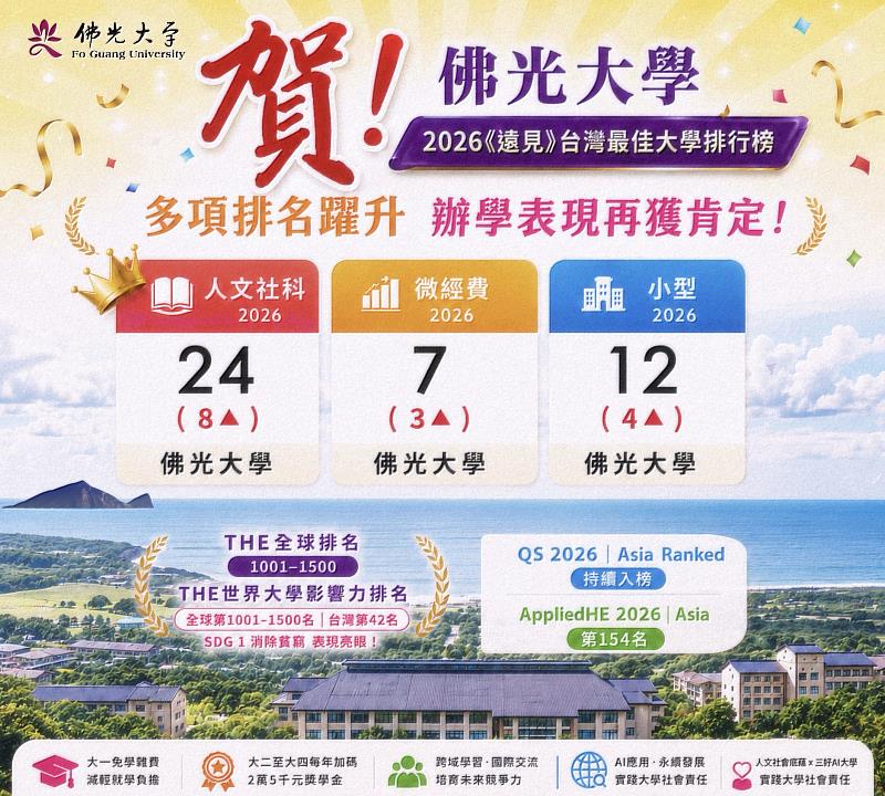 《遠見》2026最佳大學排行榜揭曉,佛光大學多項排名躍升展現辦學實力!