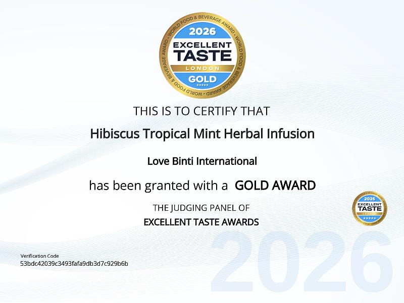 愛女孩與非洲婦女共同生產的「洛神熱帶薄荷花草茶(Hibiscus Tropical Mint Herbal Infusion)」,榮獲 2026 Excellent Taste Awards(世界食品與飲品卓越風味獎)金獎。