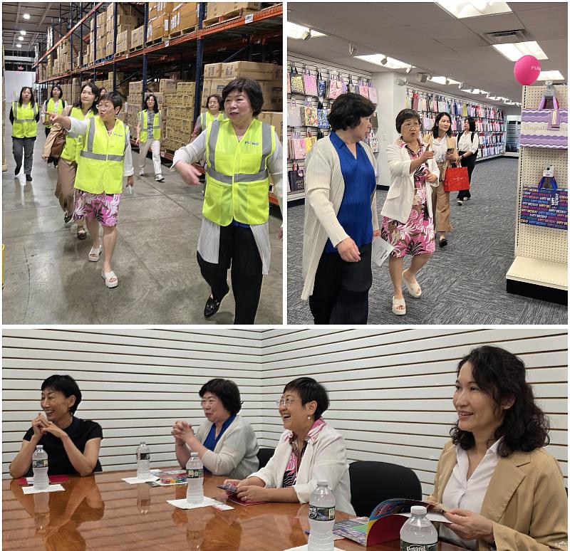 參觀發貨倉庫(左上圖)、參觀樣品展示間(右上圖)、座談會相談甚歡(下圖)