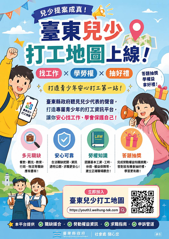 兒少提案變政策! 臺東打造「兒少打工地圖」 找工作、學勞權、抽好禮一次滿足
