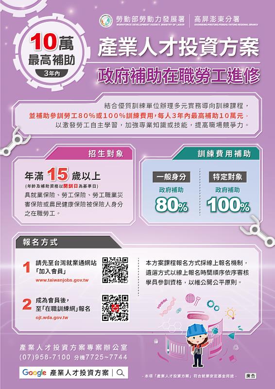 勞動部補助在職勞工進修，提供3年10萬訓練補助費。