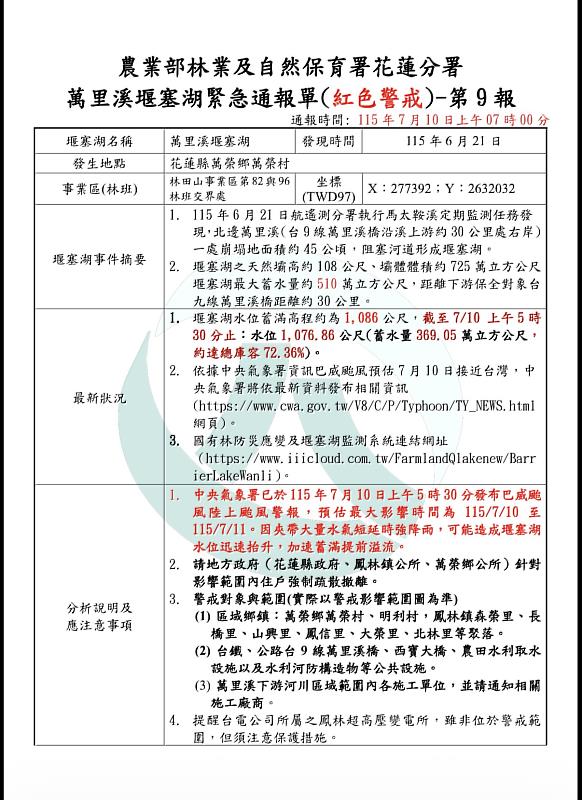 萬里溪堰塞湖緊急通報單（紅色警戒）