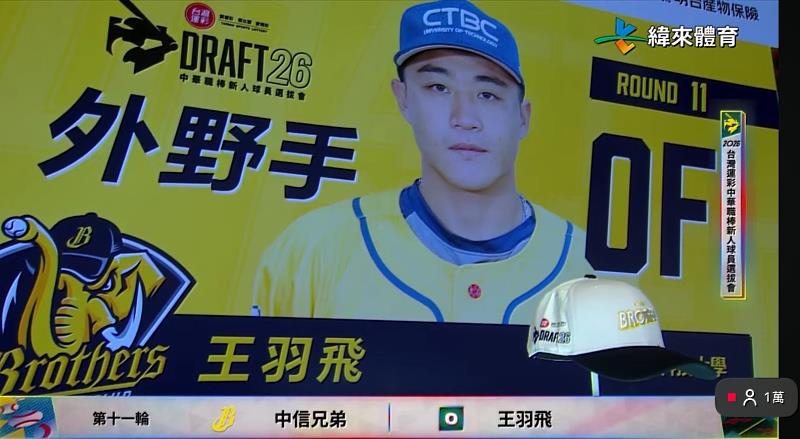 王羽飛獲中信兄弟選秀指名，正式加入球隊。（圖/緯來體育台轉播畫面截圖）