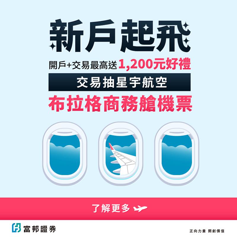 富邦證券推出「新戶起飛」迎新活動,提供開戶及交易回饋,最高可獲得價值1,200元好禮,並有機會抽中星宇航空布拉格商務艙雙人來回機票。