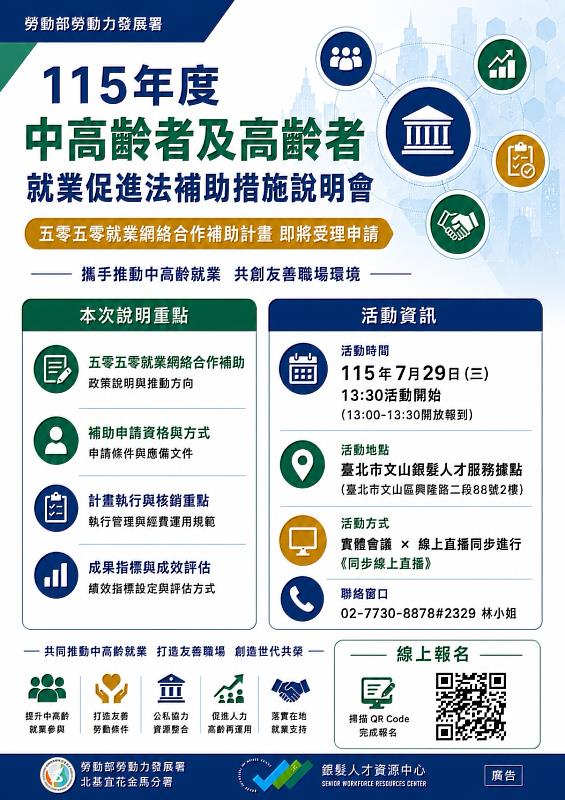 北分署將於7月29日辦理「五零五零就業網絡合作補助要點」說明會。