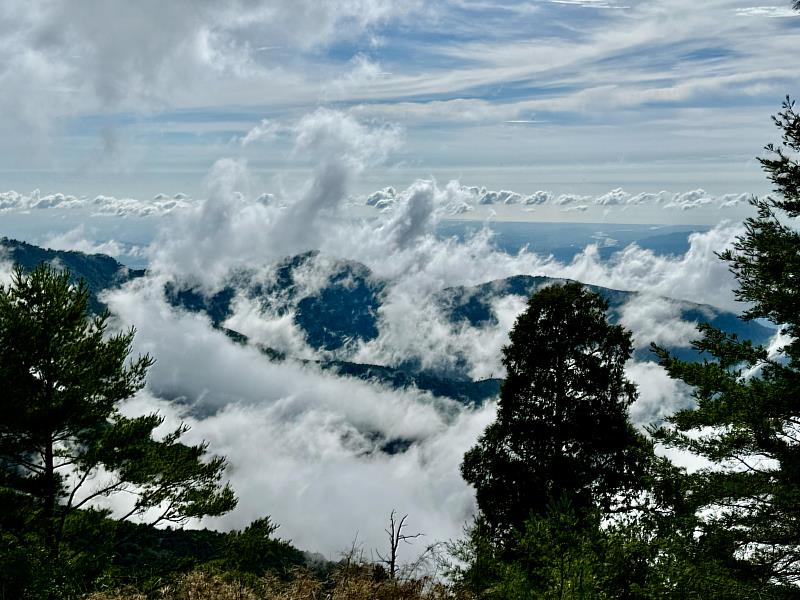 壯麗的雲海翻騰於山谷之間,與夕陽交織成多層次的柔和色彩,形成一幅如夢似幻的畫面,讓人流連忘返。